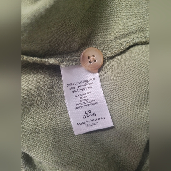 Time And Tru Olive Green Button Down Tie Waist Top L 12-14 V Neck - Picture 4 of 4